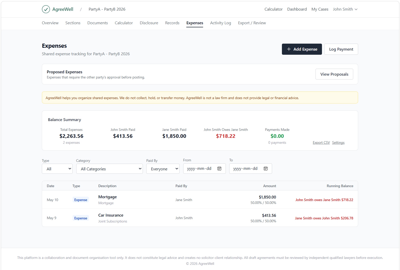 AgreeWell Expenses ledger showing balance summary, who paid what, who owes whom, filters by type and category, and a running balance against each line item
