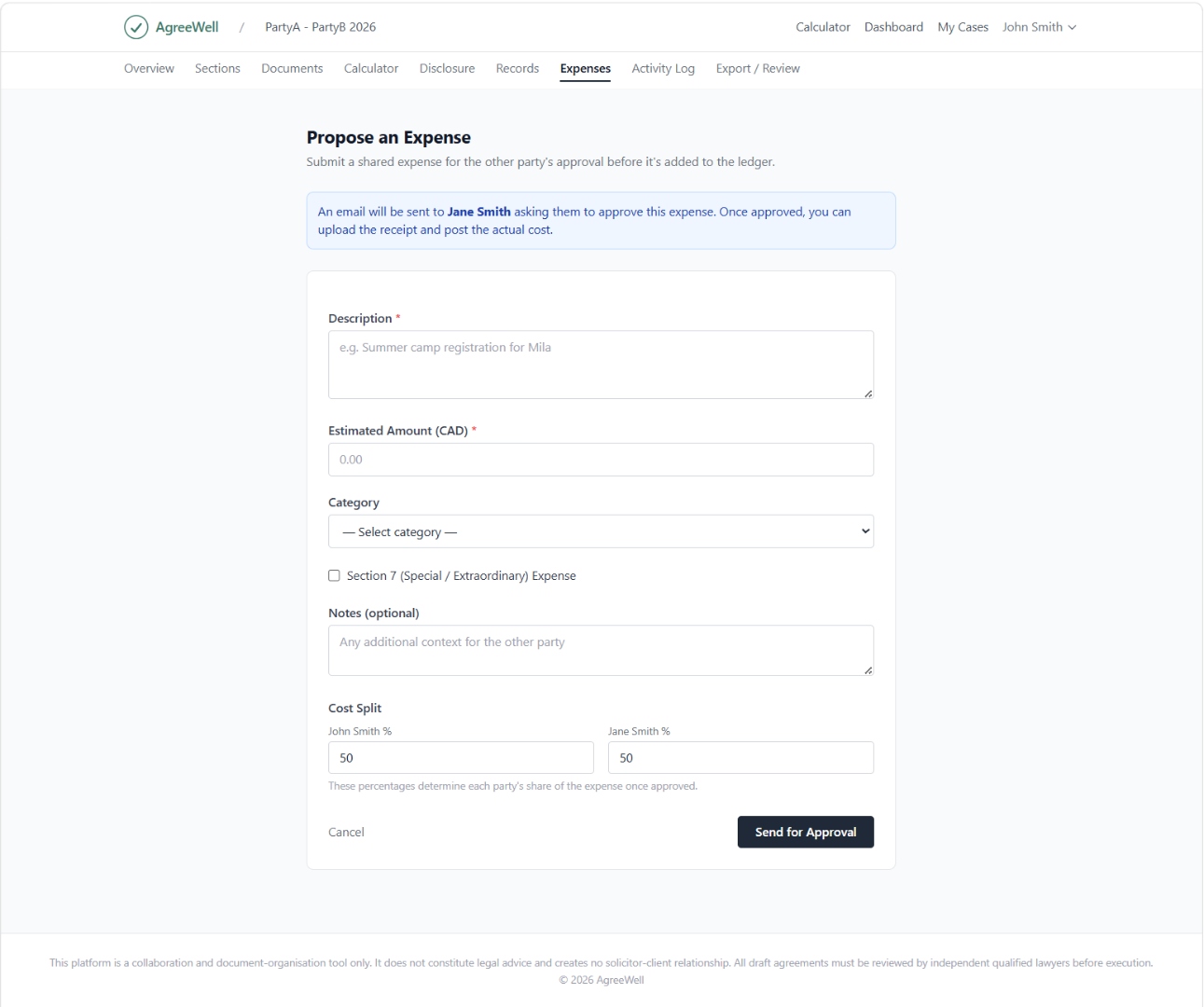 AgreeWell Propose an Expense form: description, estimated amount, category, Section 7 checkbox, notes, and a cost split between John Smith and Jane Smith