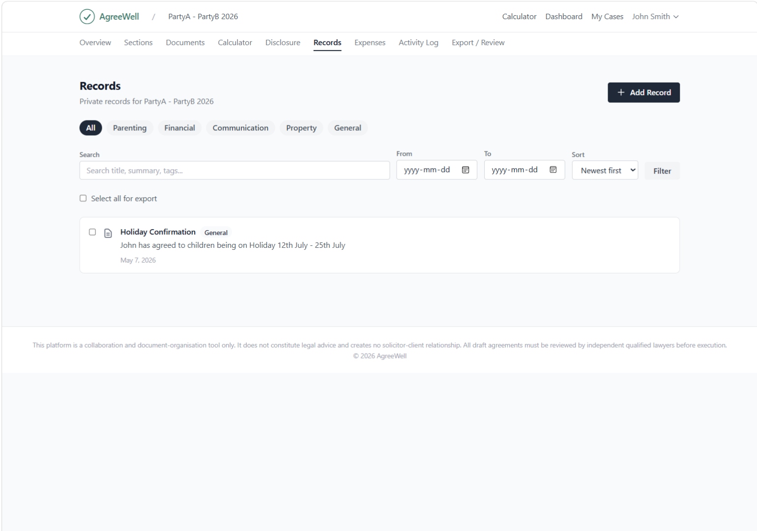AgreeWell Records page showing category filters (All, Parenting, Financial, Communication, Property, General), search and date range filters, sort options, and a sample record entry titled Holiday Confirmation in the General category